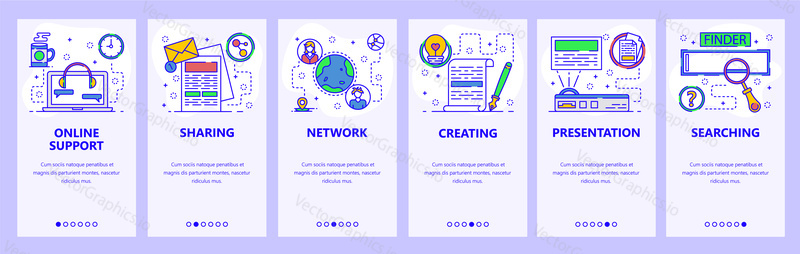 Mobile app onboarding screens. Online support chat, documents sharing, projector device. Menu vector banner template for website and mobile development. Web site design flat illustration.