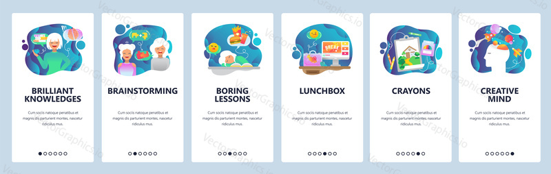 Mobile app onboarding screens. Creativity, brainstorm, knowledge and education, boring lessons. Menu vector banner template for website and mobile development. Web site design flat illustration.