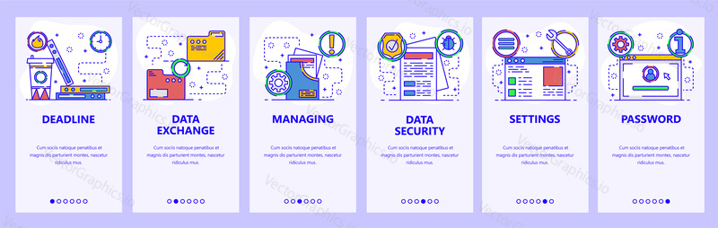 Mobile app onboarding screens. Computer services, secure access, data exchange and security. Menu vector banner template for website and mobile development. Web site design flat illustration.