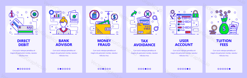 Mobile app onboarding screens. Banking, money fraud, bank advisor and tax avoidance. Menu vector banner template for website and mobile development. Web site design flat illustration.