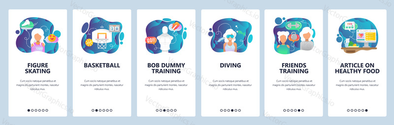 Mobile app onboarding screens. Sport and healthy lifestyle. Figure skating, basketball, diving, diet, fitness. Menu vector banner template for website and mobile development. Web site design flat illustration.