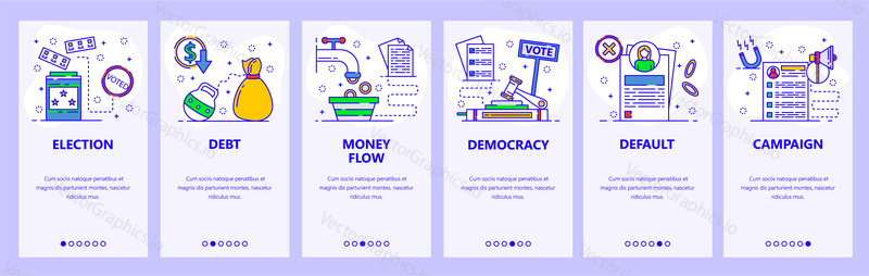 Mobile app onboarding screens. Democracy, liberal economy and election voting. Menu vector banner template for website and mobile development. Web site design flat illustration.