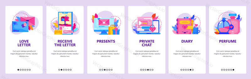 Love letter and romantic gift icons. Diary, perfume, private love chat. Mobile app onboarding screens. Menu vector banner template for website and mobile development. Web site design illustration.