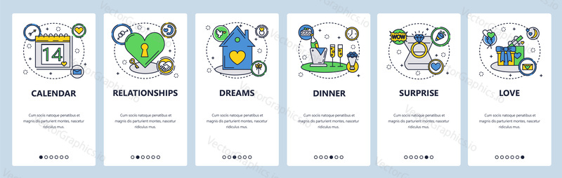 Happy Valentine day icons. Love and romantic dinner, wedding ring. Mobile app onboarding screens. Menu vector banner template for website and mobile development. Web site design illustration.