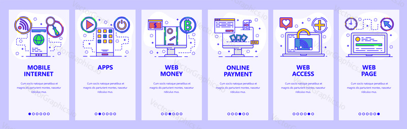 Mobile app onboarding screens. Mobile internet and apps, online payment and digital money, secure access. Menu vector banner template for website and mobile development. Web site design flat illustration.