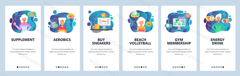 Mobile app onboarding screens. Healthy food, fitness, sport and diet. Menu vector banner template for website and mobile development. Web site design flat illustration.