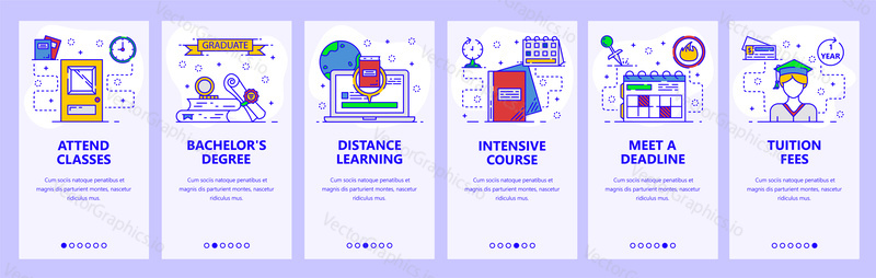 Mobile app onboarding screens. School and college education, distance online learning, intensive cources. Menu vector banner template for website and mobile development. Web site design flat illustration.