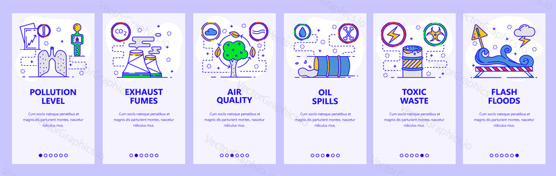 Mobile app onboarding screens. Industrial pollution, air quality and toxic waste. Menu vector banner template for website and mobile development. Web site design flat illustration.