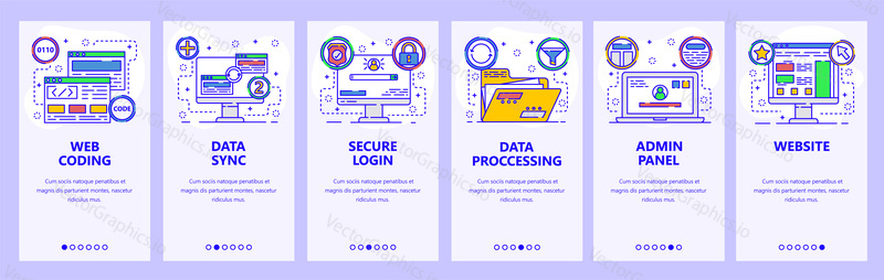 Mobile app onboarding screens. Website secure access to admin panel, data sync, coding and data processing. Menu vector banner template for website and mobile development. Web site design flat illustration.