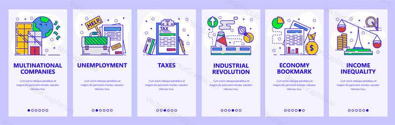 Mobile app onboarding screens. Business, industry and economy. Unemployment rate, taxes, income. Menu vector banner template for website and mobile development. Web site design flat illustration.