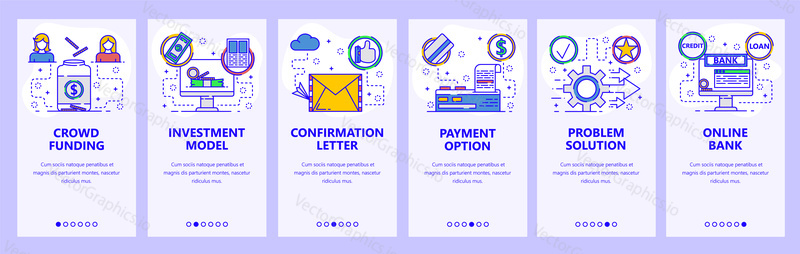 Mobile app onboarding screens. Online bank and money transfer, investment and crowd funding. Menu vector banner template for website and mobile development. Web site design flat illustration.
