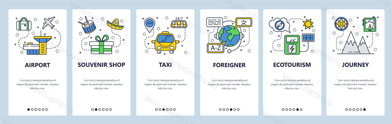 Mobile app onboarding screens. Travel icons, airport, taxi, mountain journey. Menu vector banner template for website and mobile development. Web site design flat illustration.
