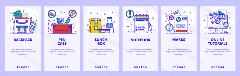 Mobile app onboarding screens. School education, backpack, lunch box, notebook and test grades. Menu vector banner template for website and mobile development. Web site design flat illustration.