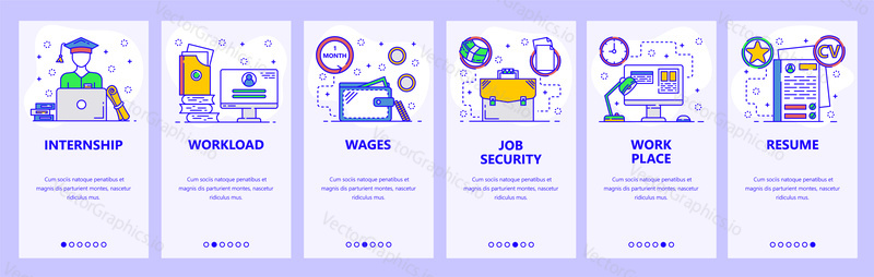 Mobile app onboarding screens. Business work place and office, job, education. Menu vector banner template for website and mobile development. Web site design flat illustration.