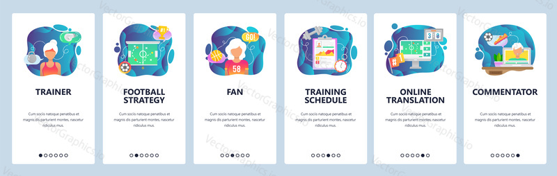Mobile app onboarding screens. Sport game trainer, football strategy, sport fan and commentator. Menu vector banner template for website and mobile development. Web site design flat illustration.