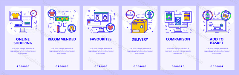 Mobile app onboarding screens. Online shopping, package delivery, product rating and review . Menu vector banner template for website and mobile development. Web site design flat illustration.