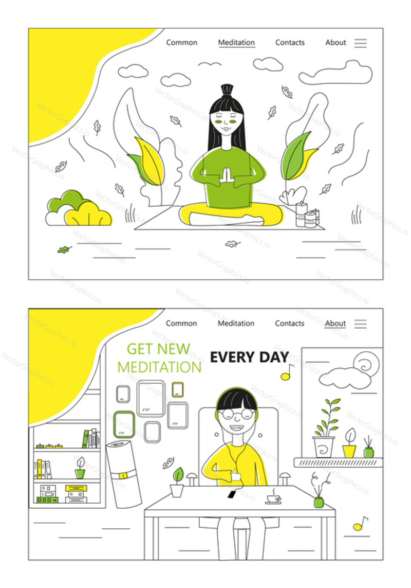 Girl is doing yoga and meditate in a park. Woman listen music at home. Work life balance. Meditation concept. Vector web site design template. Landing page website illustration.