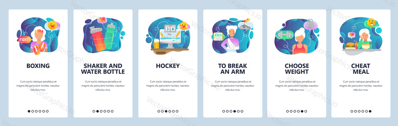 Mobile app onboarding screens. Sport and healthy lifestyle, boxing, ice hockey, sport injury. Menu vector banner template for website and mobile development. Web site design flat illustration.