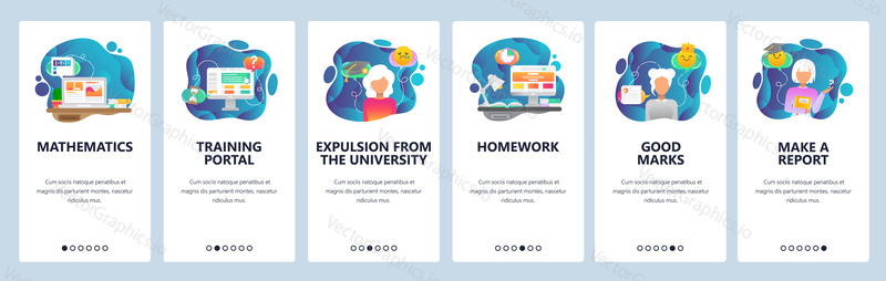 Mobile app onboarding screens. School and college education icons, math, homework, student expulsion. Menu vector banner template for website and mobile development. Web site design flat illustration.