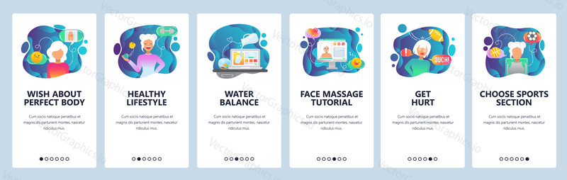 Mobile app onboarding screens. Sport and healthy lifestyle, water balance and diet. Menu vector banner template for website and mobile development. Web site design flat illustration.