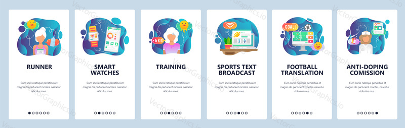 Mobile app onboarding screens. Sport, runner, wearable gadgets, training, sport news and games broadcast. Menu vector banner template for website and mobile development. Web site flat illustration.