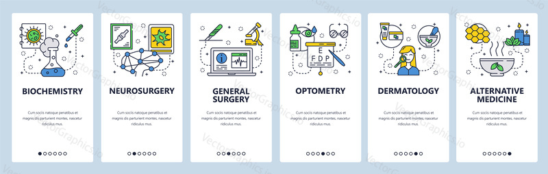 Mobile app onboarding screens. Medicine and hospital icons, lab, surgery, optometry, herbs. Menu vector banner template for website and mobile development. Web site design flat illustration.