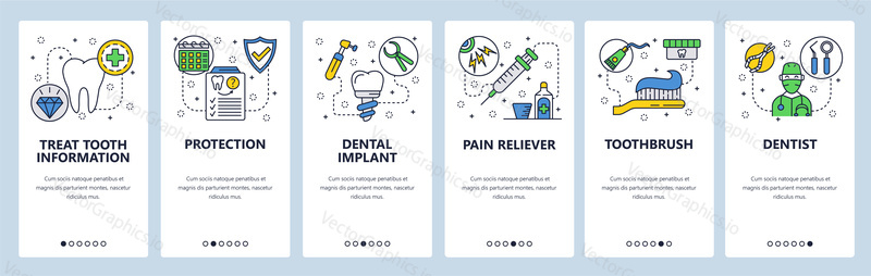 Mobile app onboarding screens. Dental care, tooth implant, dentist doctor and health insurance. Menu vector banner template for website and mobile development. Web site design flat illustration.
