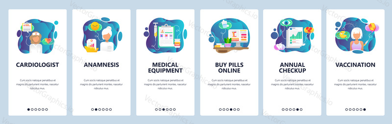 Mobile app onboarding screens. Medical equipment, doctor, drugs and hospital icons. Vaccination and annual checkup. Menu vector banner template for website and mobile development. Web site design flat illustration.