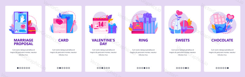 Marriage proposal online in messages. Valentine day gifts. Sweets, chocolate. Mobile app onboarding screens. Vector banner template for website and mobile development. Web site design illustration.