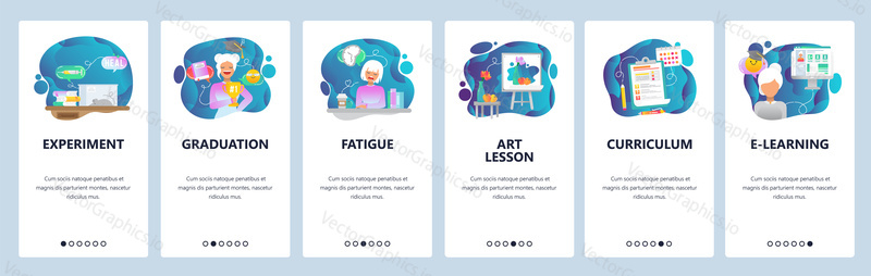 Mobile app onboarding screens. Biology experiment, graduation, art lesson, e-learning and education. Menu vector banner template for website and mobile development. Web site design flat illustration.
