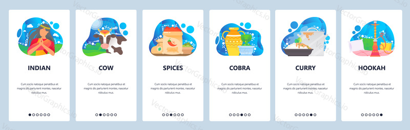 Indian traditional culture and food. Indian girl, holy cow, spices, curry. Mobile app onboarding screens. Menu vector banner template for website and mobile development. Web site design illustration.