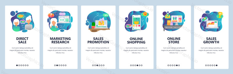 Mobile app onboarding screens. Online shopping, direct sales, marketing research and analytics. Menu vector banner template for website and mobile development. Web site design flat illustration.