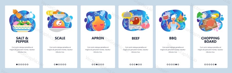 Mobile app onboarding screens. Cooking salad, food scale, apron, steak grill, chopping board, bbq. Menu vector banner template for website and mobile development. Web site design flat illustration.