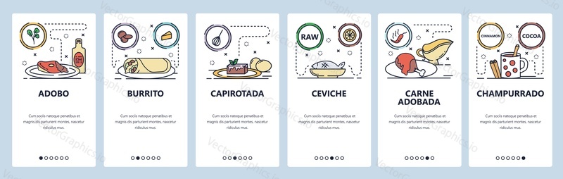 Mobile app onboarding screens. Mexican cuisine, food menu, burrito, ceviche. Vector banner template for website and mobile development. Web site design flat illustration.