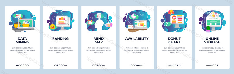 Mobile app onboarding screens. Business, data mining, mind map and ranking. Menu vector banner template for website and mobile development. Web site design flat illustration