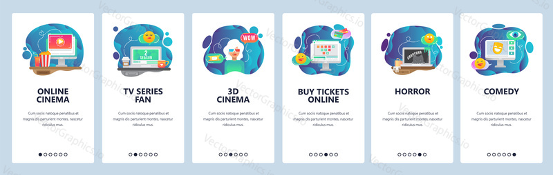 Mobile app onboarding screens. Online cinema, movie tickets, 3D glasses, TV series. Menu vector banner template for website and mobile development. Web site design flat illustration.