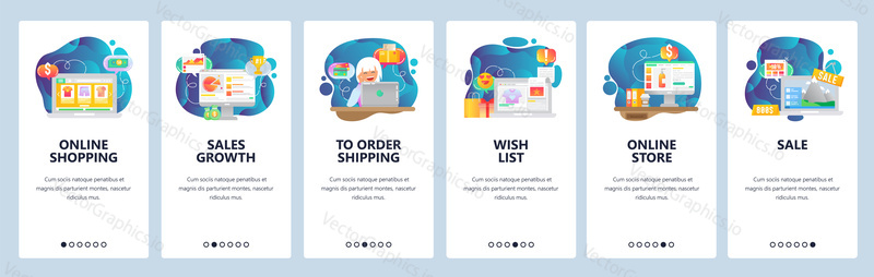 Mobile app onboarding screens. Online shopping, financial chart, wish list, online store, order payment and delivery. Menu vector banner template for website and mobile development. Web site design flat illustration.