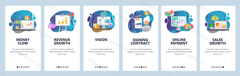 Mobile app onboarding screens. Stock market trades, revenue and sales growth, online payment. Menu vector banner template for website and mobile development. Web site design flat illustration.