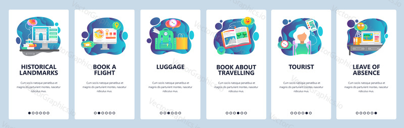 Mobile app onboarding screens. Travel, book flight, backpacking, tourist . Menu vector banner template for website and mobile development. Web site design flat illustration.