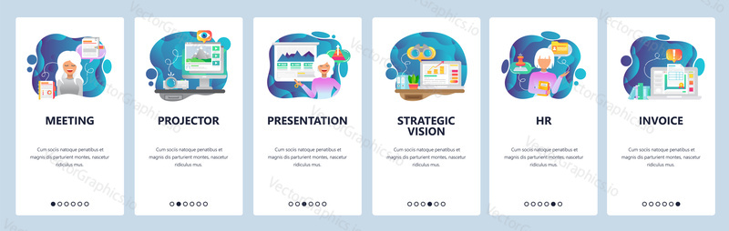 Mobile app onboarding screens. Business strategy and vision, financial report and presentation, invoice. Menu vector banner template for website and mobile development. Web site design flat illustration.