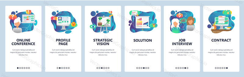 Mobile app onboarding screens. Online call and job inteview, social media profile, sign contract. Menu vector banner template for website and mobile development. Web site design flat illustration.