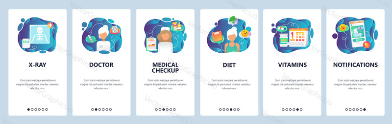 Mobile app onboarding screens. Medical checkup, hospital doctor, prescription drugs and x-ray . Menu vector banner template for website and mobile development. Web site design flat illustration.