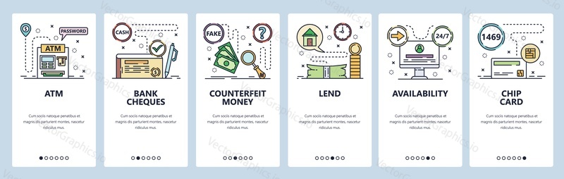 Mobile app onboarding screens. Banking icons, ATM, cheques, chip credit card, money loan. Menu vector banner template for website and mobile development. Web site design flat illustration.