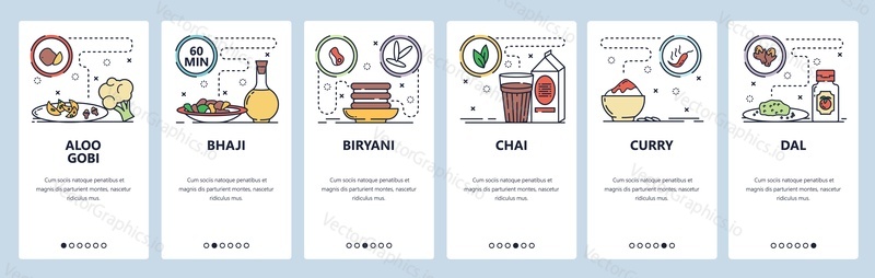 Mobile app onboarding screens. Indian cuisine and food, bhaji, biryani, curry, dal. Menu vector banner template for website and mobile development. Web site design flat illustration.