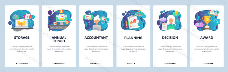 Mobile app onboarding screens. Business plan, financial report and analytics, accountant. Menu vector banner template for website and mobile development. Web site design flat illustration.