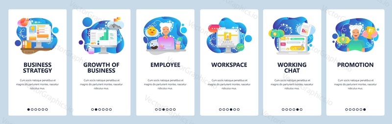 Mobile app onboarding screens. Business plan, financial chart, workspace, chat support. Menu vector banner template for website and mobile development. Web site design flat illustration.