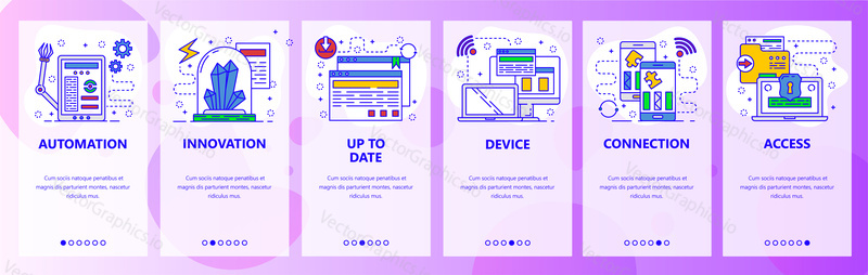 Mobile app onboarding screens. Computer services, hardware and robot automation. Menu vector banner template for website and mobile development. Web site design flat illustration.