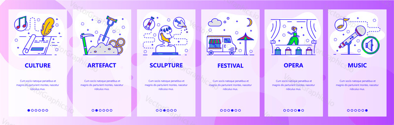 Mobile app onboarding screens. World culture and art, literature, theatre, music. Menu vector banner template for website and mobile development. Web site design flat illustration.
