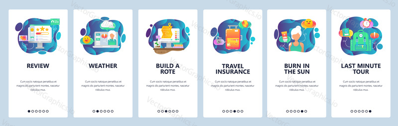 Mobile app onboarding screens. Planning vacation, travel insurance, hotel reviews. Menu vector banner template for website and mobile development. Web site design flat illustration.