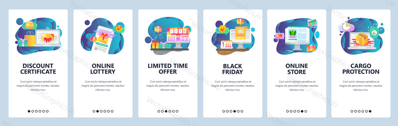 Mobile app onboarding screens. Online Shopping, black friday sales and promotion, online lottery and delivery. Menu vector banner template for website and mobile development. Web site design flat illustration